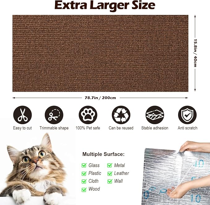 Cat Scratch Furniture Protector, 78.7"x15.8" Cat Scratch Pad for Couch | Trimmable Self-Adhesive DIY Sofa Wall Cats Tower Mat, Replacement Pads from Pet Claws, Dark Brown - Image 2