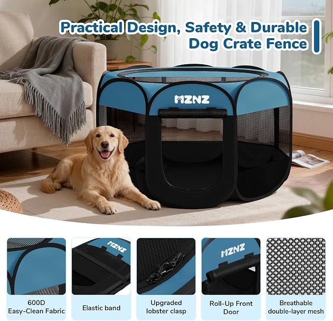 Dog Cat Small Animal Puppy Playpen Crate, Large, Blue Black | Portable Pop Up Pet Cage Enclosure Tent Kennel Indoor Outdoor with Carrying Case, No Assembly, Camping Use - Image 7