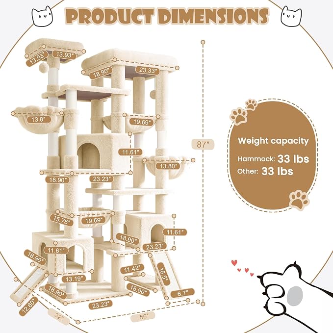 Sha Cerlin 87 in Multi-Level Tall Cat Tree Tower for Large Cats/Extra Wide Feline Activity Center/Sisal Scratching Posts/Wide Base/Cozy Plush Perches/Baskets/Hammocks/Toy Balls/Beige - Image 9