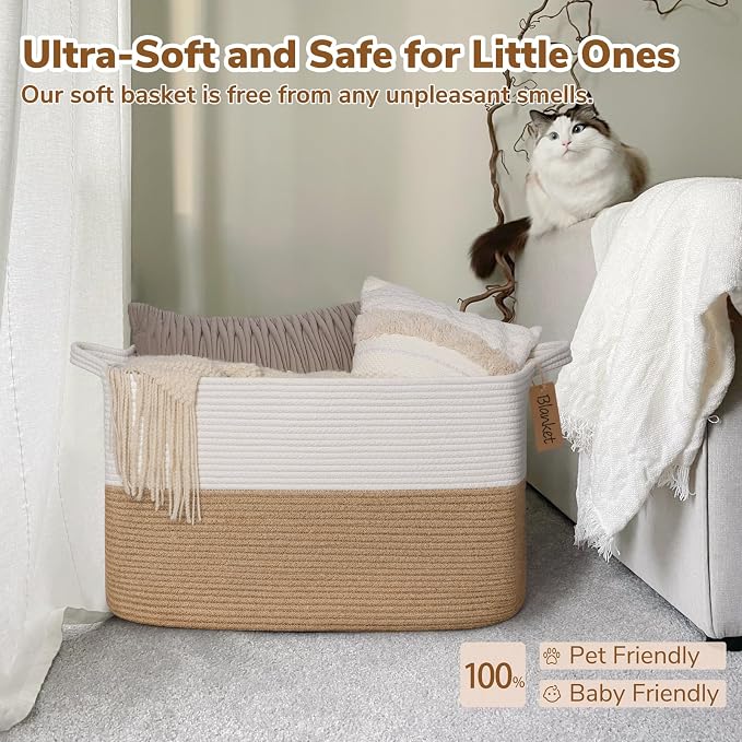 Goodpick 75L Extra Large Woven Rope Blanket Basket, Rectangle, Jute | 22" × 17" × 12" Decorative Storage Basket for Pillows, Toys & Daily Essentials, Fits Living Room, Bedroom & Home Decor - Image 5