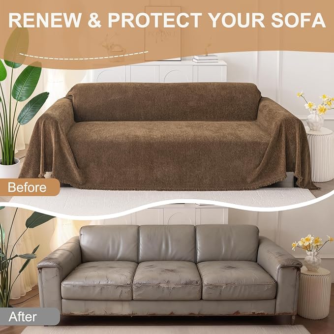 Smiry Couch Cover for Dogs, Chenille Sofa Covers for 3 Cushion Couch | Washable Soft Sofa Slipcover for Pets, Thick Sectional Furniture Protector with Tassels (Chocolate, 71x134 Inch) - Image 8