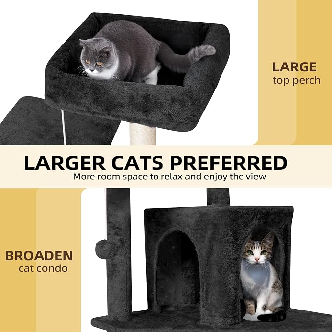 54inch Large Cat Tree Tower Condo with Hammock for Indoor Cats, Soft Plush Multi-Level Climbing Tree Cat House with Cat Cave, Scratching Post, Sisal Rope, Black - Image 3