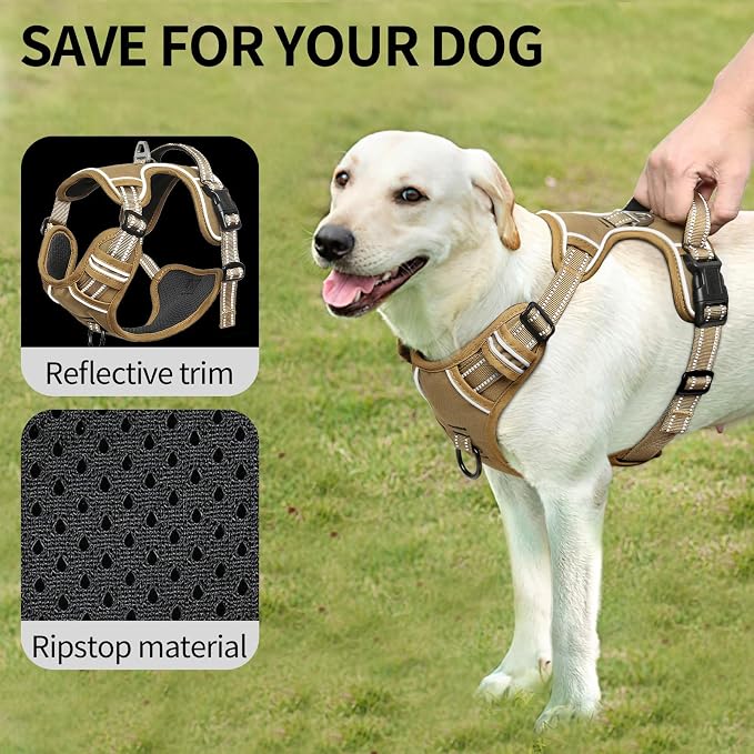 HEELE Dog Harness, Dog Harness for Small Medium Large Dogs No Pull Adjustable Padded Reflective Harness with Handle for Walking Training, Brown, M | No Choke with Control Handle, Soft Breathable Padded Pet Vest, Adjustable, Reflective Front Clip Vest f... - Image 4