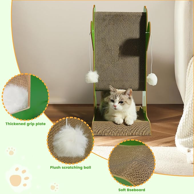 ​Cat Scratcher, Double-Sided Cat Cardboard Scratcher, T Shaped Vertical Cat Scratcher for Wall and Couch Protection, Cat Scratching Post with 3 Sisal Balls and 2 Plush Ball Toys - Image 2