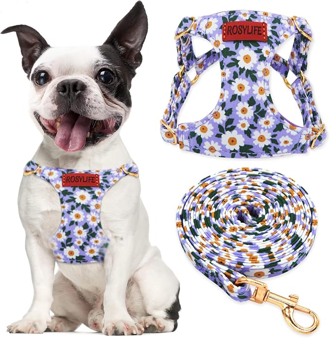 No Pull Dog Harness Adjustable Small Dog Harness and Leash Set, Lightweight and Soft Dog Harness No Choke Escape Proof Pet Harness Vest (Purple Daisy, S) by RosyLife