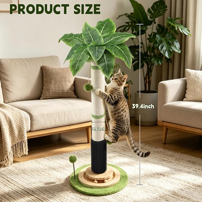 39.4'' Tall Cat Scratching Post,3.5 Inch Wide Sisal Cat Scratcher Tree with Leaves,Interactive Cat Toys for Indoor | Solid Wood Base Stable Scratch Tower Interactive Toy Self Groomer Climbing Pole Full Body Stretching Artificial Plant - Image 5