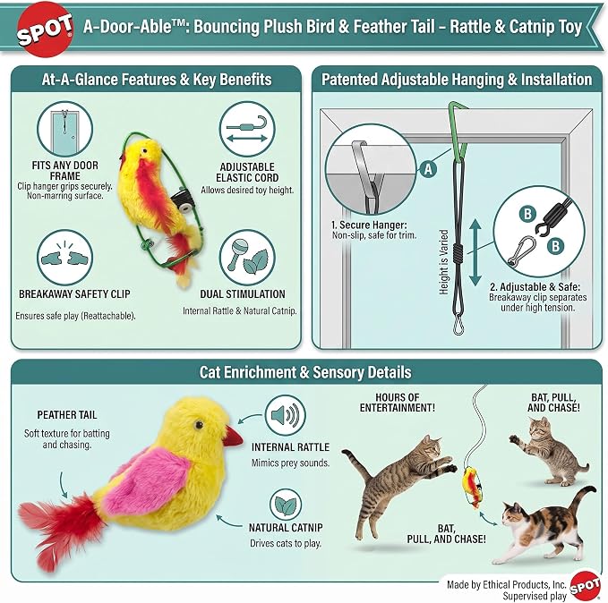SPOT A-Door-Able Plush Bird Cat Toy | Rattle and Catnip Cat Toy Provides Hours of Entertainment for Your Cat | Hangs on Any Size Door Frame - Image 3