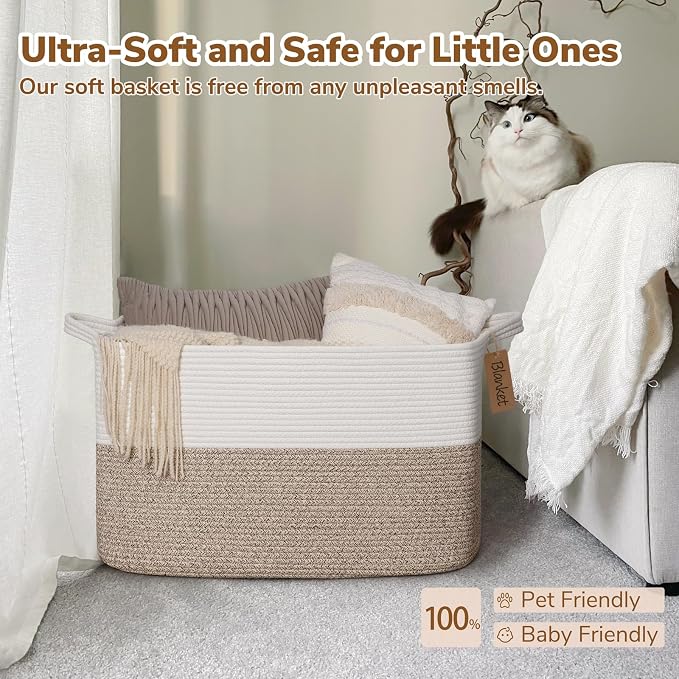 Goodpick 75L Extra Large Woven Rope Blanket Basket, Rectangle, Light Brown | 22" × 17" × 12" Decorative Storage Basket for Blankets, Toys & Clothes, Fits Living Room, Bedroom & Nursery Organization - Image 6