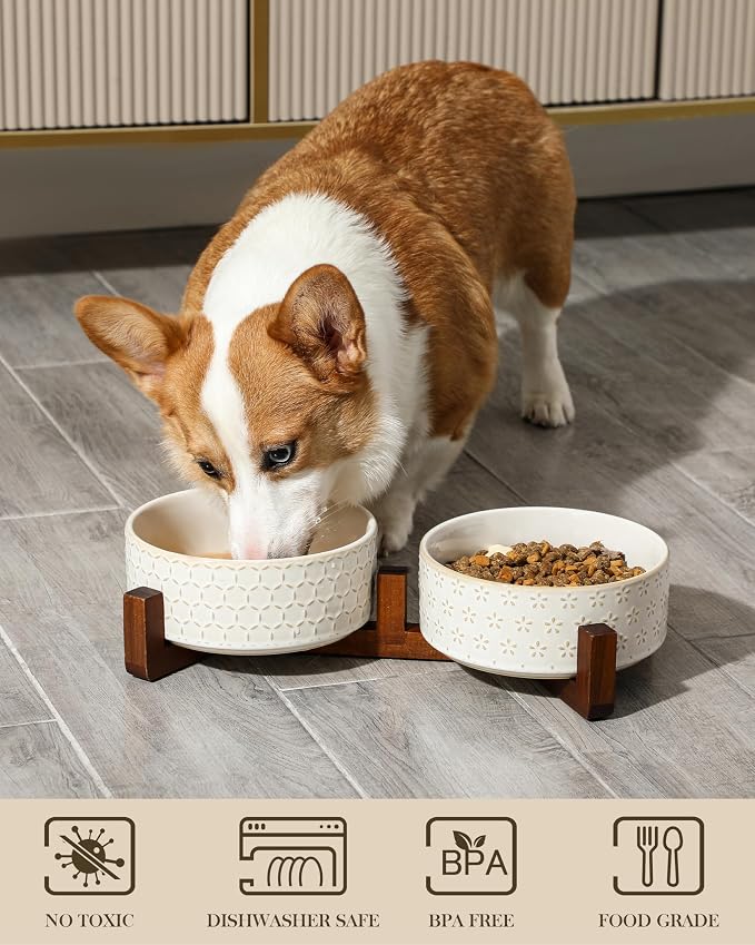 MALACASA Dog Bowl Set, Ceramic Bowls with Walnut Wood Stand, 3.5 Cups | Five-Leaf Grass and Honeycomb Design, Non-Slip Base, for Cats and Dogs, About 26% Heavier than Similar Ceramic Bowls - Image 4