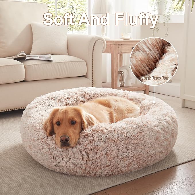 36 inches Faux Fur Fluffy Donut Dog Bed for Large Dogs,Brown | Calming Plush Round Pet Bed with Removable & Washable Cover,Fits up to 80 lbs Pets - Image 4