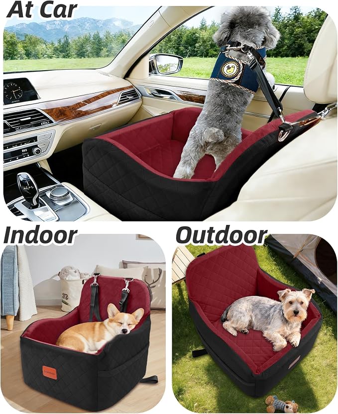 Lealchum Dog Booster Car Seat for Small/Medium Dogs,Puppy Portable Car Bed with Elevated Cushion,Fully Detachable and Washable,2 Storage Pockets,Easy to Install (Blakc/Red, Medium) - Image 4