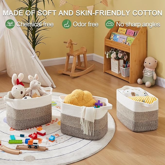 OIAHOMY Woven Storage Basket, Cotton Rope Baskets for Toys,Towel, Clothes, Used to Bathroom,Living Room,Nursery,Bedroom, 16"x12"x10"- Pack of 3, Gradient Dark Brown - Image 4
