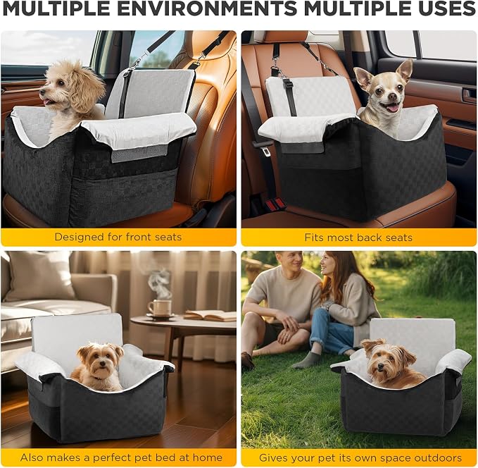 BONTHEE Elevated Dog Car Seat for Small Medium Dogs Under 30 lbs, Memory Foam Elevated Booster Seat with Headrests Support, Travel-Safe Car Bed with Detachable Washable Cover & Safety Belt - Image 6