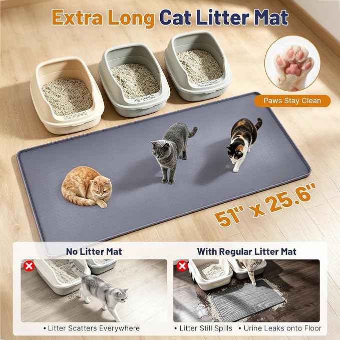Cat Litter Mat, 51x25.6in Waterproof Silicone Litter Box Mat, Grey | XL Cat Mat Fits 1-3 Litter Boxes, Litter Trapping Mat with Raised Edges, Non-Slip Bottom, Easy Clean Kitty Litter Mat - Image 2