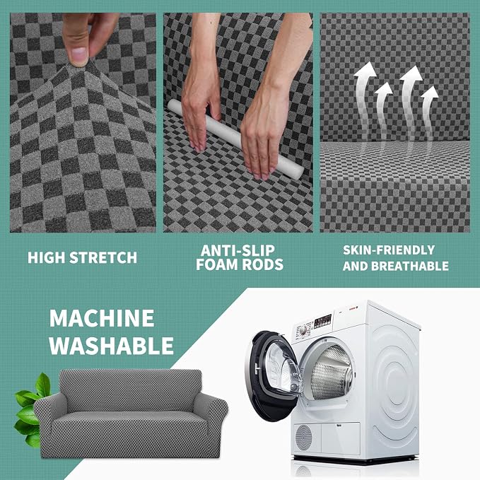 YEMYHOM Couch Cover Latest Jacquard Design High Stretch Sofa Covers for 3 Cushion Couch, Pet Dog Cat Proof Slipcover Non Slip Magic Elastic Furniture Protector (Large, Dark Gray Checkered) - Image 5