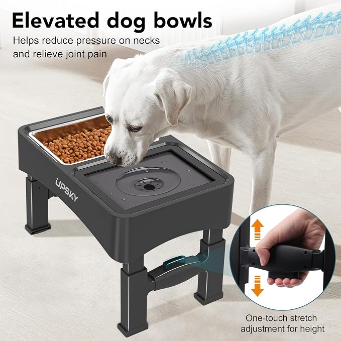 UPSKY 3-in-1 Elevated Dog Bowls Set with 4 Height Adjustable Stand, Balck | 304 Stainless Steel Bowl, No Spill Water Bowl, Slow Food Bowl, Anti-Slip, Dishwasher Safe, Suitable for Small Medium Dogs - Image 6
