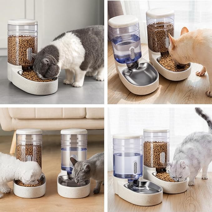 Automatic Cat Feeder and Water Dispenser with Stainless Steel Bowl Gravity Food Feeder and Waterer Set for Small Medium Dog Puppy Kitten 1 Gallon x 2(Beige) - Image 7