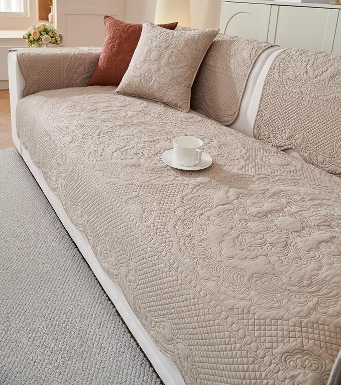 vctops Boho Cotton Quilted Couch Cover Soft Embroidered Sofa Cover Non-Slip Dog Bed Cover Scalloped Sofa Slipcover Washable Furniture Protector Cover (Khaki,36"x63") - Image 6
