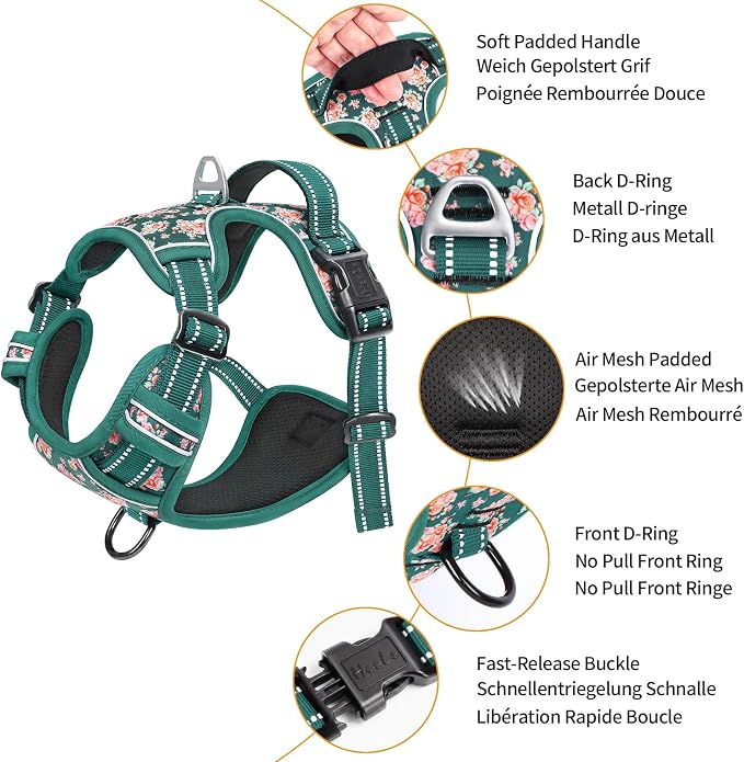 HEELE Dog Harness, Reflective, No Pull No Choke, Flower Grass Green, S | Front Clip for Small Dog Harness, 2 Metal Rings with Handle, Adjustable, Soft Breathable Padded Pet Vest for Night Walking - Image 2