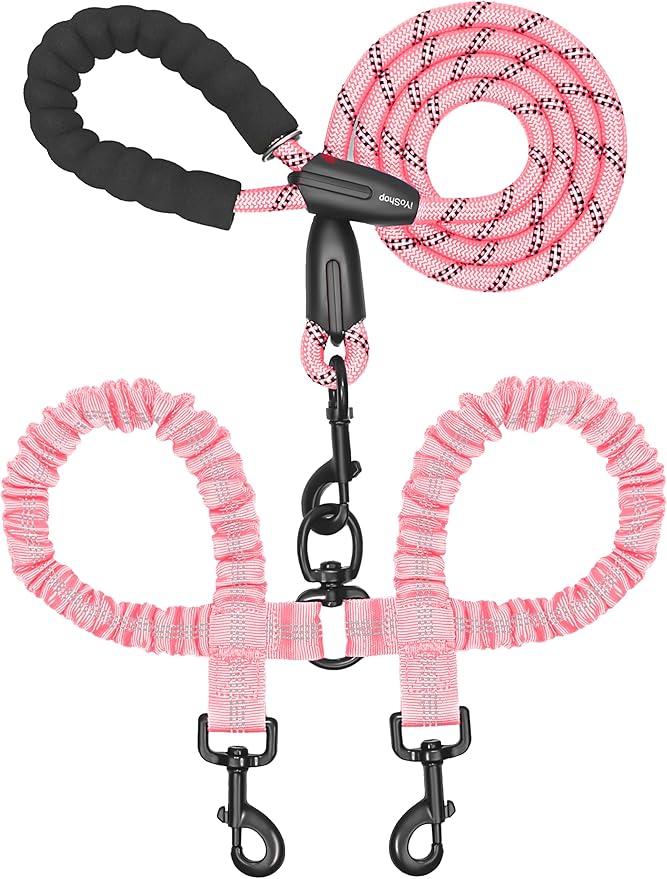 Double Dog Leash, 360° Swivel, No Tangle, Large, Baby Pink | Dual Leash for Two Dogs, Split Leash, Shock-Absorbing Bungee, Padded Handle, Heavy-Duty Rope by iYoShop