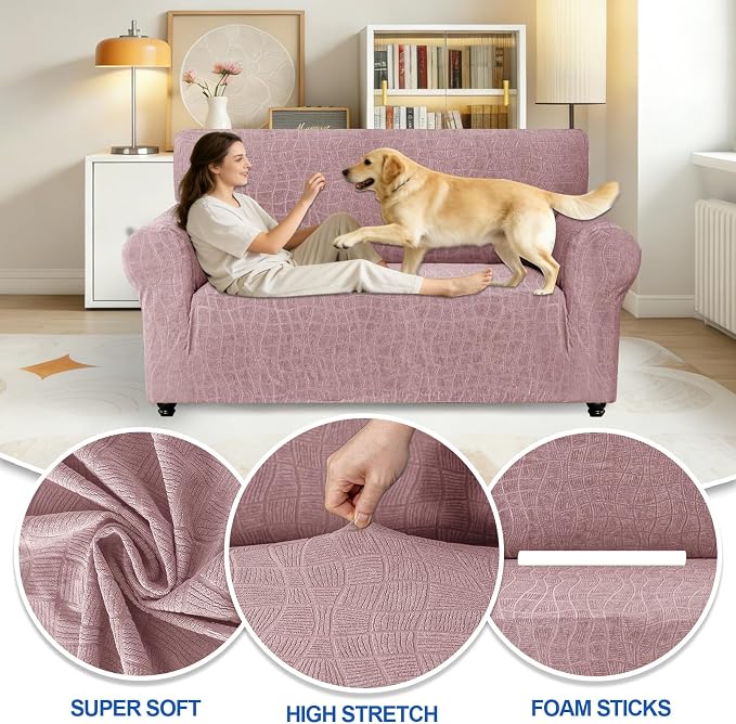 MAXIJIN Waterproof Loveseat Cover Couch Covers, 1 Piece Stretch Love Seat Sofa Slipcovers with Non-Slip Elastic Bottom, Washable Furniture Protector for Dogs Pets (Medium, Dusty Pink) - Image 2