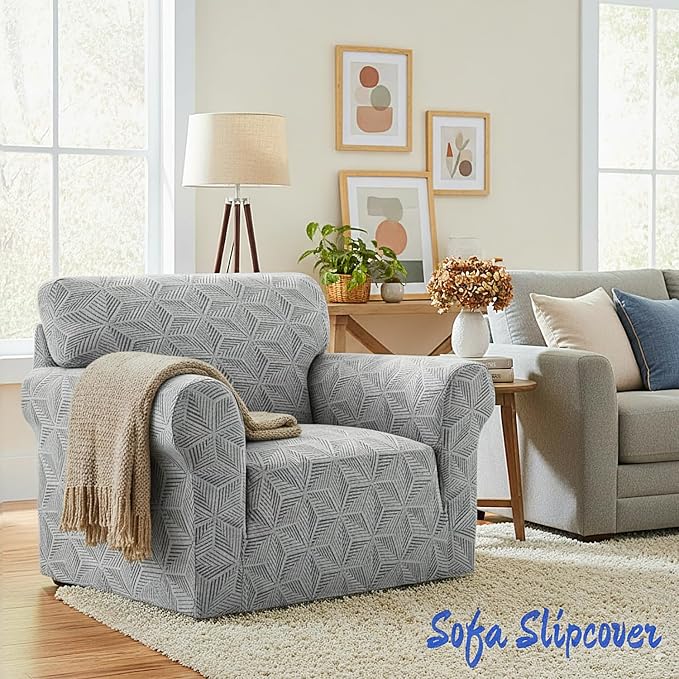 YEMYHOM 1 Piece Stretch Chair Sofa Slipcovers Couch Covers for 1 Seat, Jacquard Armchair Covers with Non-Slip Elastic Bottom, Thickened Furniture Protector for Dogs Pets kids (Small, Light Gray） - Image 2