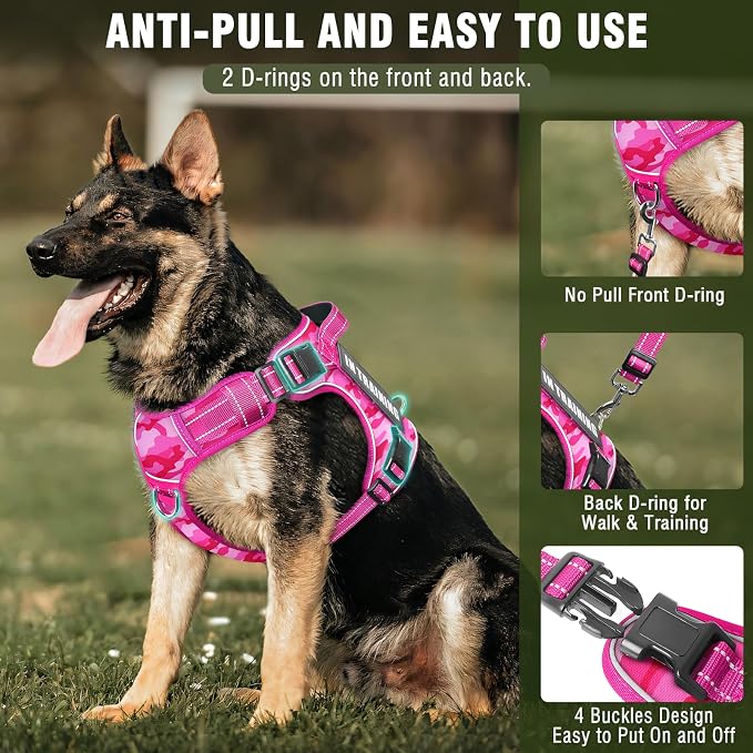 Tactical Dog Harness and Leash Set with 10 Patches for Large Dogs | Heavy Duty No Pull Service Dog Vest with Dog Seat Belt ,Adjustable Reflective Easy Walk for Training Hiking Camo Pink XL - Image 3