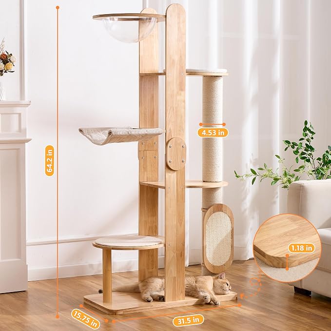 Solid Wood Cat Tree Tower with Scratching Post, 64 Inches Tall Cat Towers with Scratching Board, Modern Cat Tower with Space Capsule and Removable Top Bed for Indoor Cats - Image 8