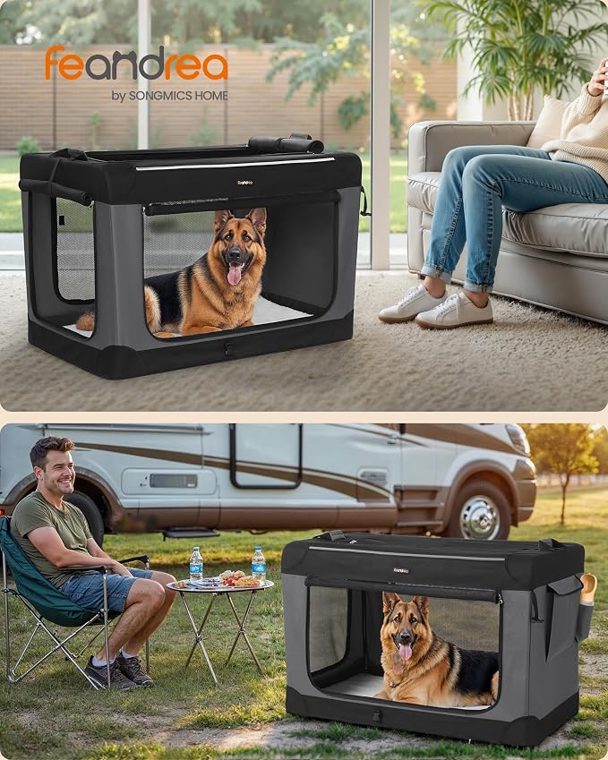 Feandrea Collapsible Dog Crate, Portable Travel Crate, 42-Inch | Oxford Fabric Pet Carrier with 4 Mesh Doors, Handles, Storage Pocket, Water Bottle Holder, UPDC021B01 - Image 2