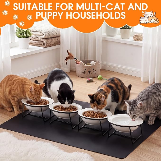 4 Set Elevated Ceramics Cat Food Water Bowls | 15°Tilted Anti Vomiting Raised Dishes,with Food Silicone Mat ,Whiskers Friendly Cat Bowls ,for Multiple Cats and Puppy - Image 4
