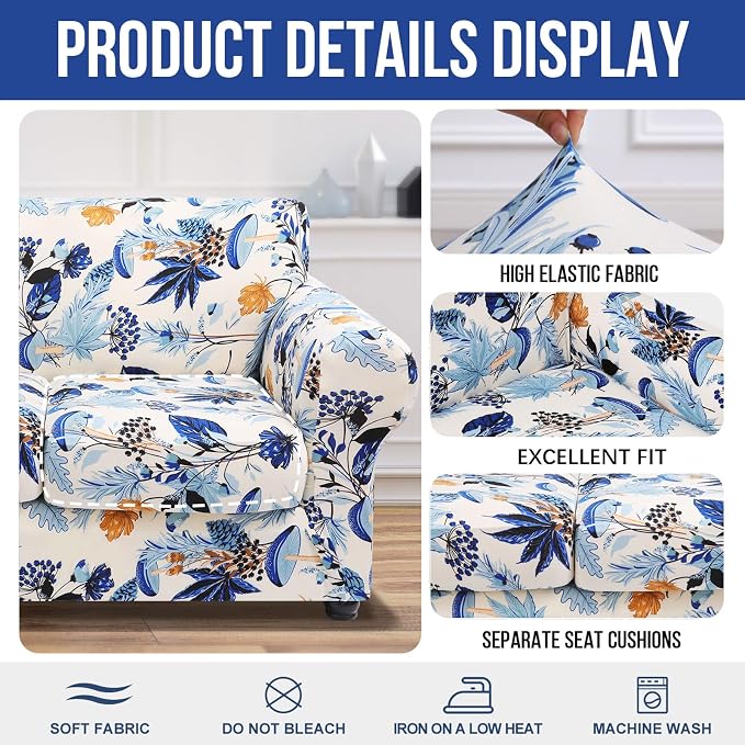 hyha Stretch Couch Cover, Sofa Covers for 2 Separate Cushion Couch Washable | Loveseat Cover, Floral Pattern, Printed, 3 Pieces, 2 Seater Furniture Protector with Elastic Bottom for Dogs, Pet Friendly - Image 4