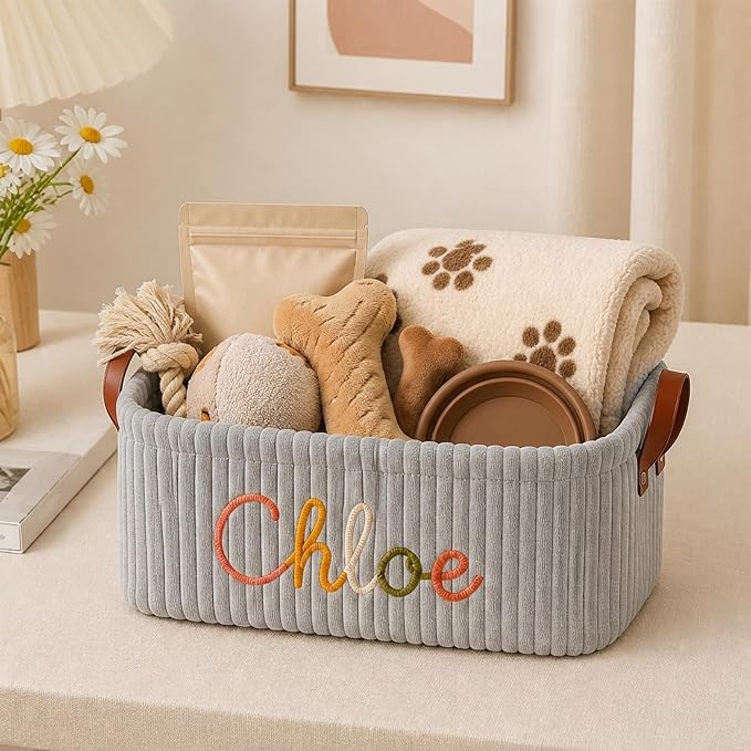 Personalized Large Dog Toy Basket, Corduroy Dog Toy Bin Storage with Name | Custom Cat Toy Basket with Handles, Soft Puppy Toy Basket, Pet Supplies, Gift for Dog Lovers,4 Colors - Image 3
