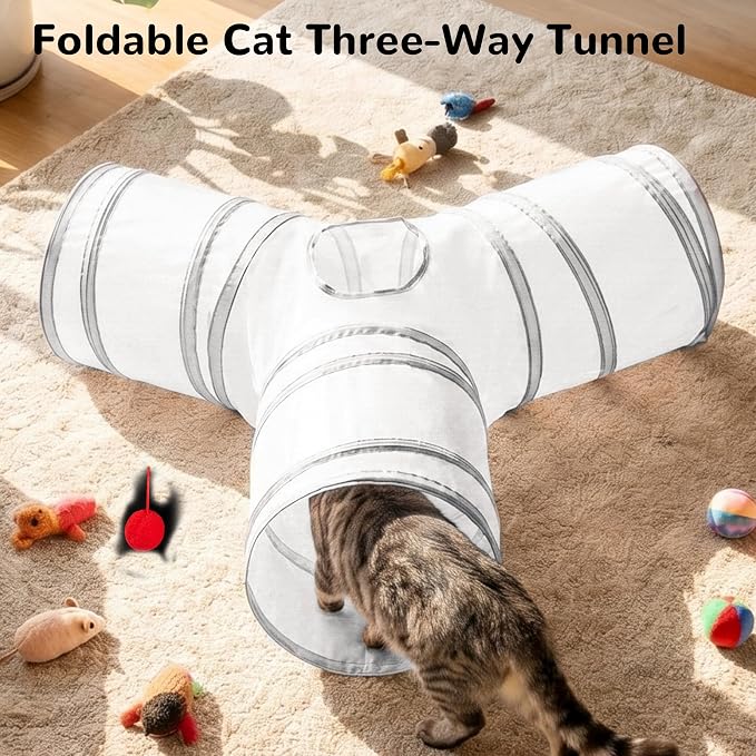 Tempcore Cat Tunnel for Indoor Cats, 3 Way Collapsible Pet Play Tunnel with Teaser Wand, Peek Holes & Hanging Ball, Interactive Tube for Kittens & Rabbits, White & Light Grey - Image 6