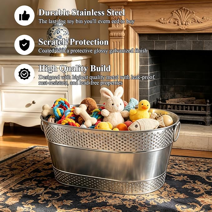 Indestructible Metal Dog Toy Storage Bin, Silver Pet Toy Storage Basket for Living Room Area, Sturdy Chew Proof Puppy Toy Box with Handle, Large Capacity 25 Quart - Image 3
