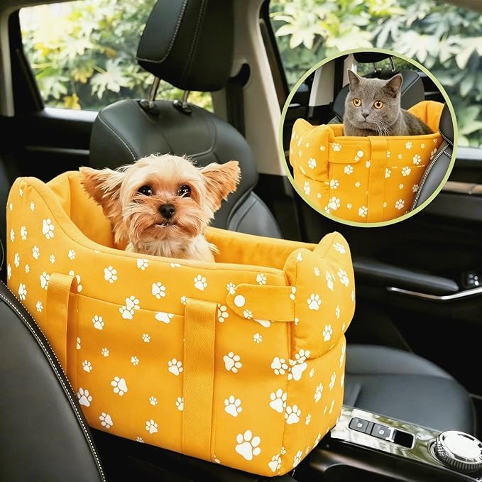 Small Dog Car Seat for Center Console, Yellow | Portable Puppy Armrest Booster for Dogs 5-15 lbs, Anti-Collapse Support with Washable Fluffy Cushion by HANMEIANINC