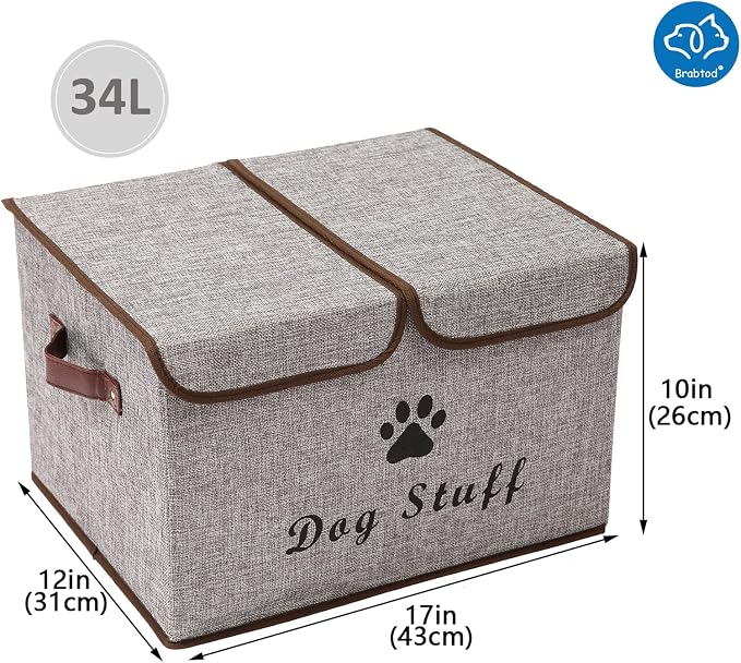 Large Dog Toys Storage Box Canvas Storage Basket Bin Organizer with Lid - Collapsible Linen Bin Ideal for Organizing Dog Cat Toys and pet Stuff-PP Boad-17" x 12" x 10" - Gray - Image 7