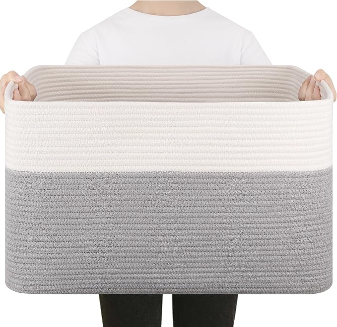 75L Large Cotton Rope Basket, Soft Toy Storage Bin for Nursery & Living Room, Decorative Blanket Basket for Bedroom, Baby-Safe Organizer for Pillows &Laundry, 22''×17''×12'', Grey and White by SIXDOVE