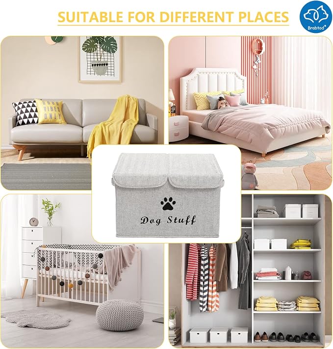 Large Dog Toys Storage Box Canvas Storage Basket Bin Organizer with Lid - Collapsible Linen Bin Ideal for Organizing Dog Cat Toys and pet Stuff-PP Boad-17" x 12" x 10" - Gray Stripe - Image 3