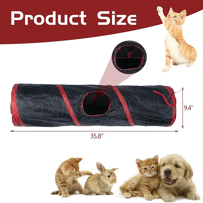 Sheldamy Cat Tunnel, 2-Way Collapsible Play Tunnel, Interactive Toy Maze for Small Animals, Red & Black - Image 2