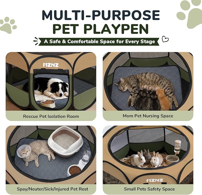 Dog Cat Small Animal Puppy Playpen with Pee Pad, Large, Olive Green | Portable Pop Up Pet Cage Enclosure Tent Kennel Indoor Outdoor with Carrying Case, No Assembly, Camping Use - Image 3