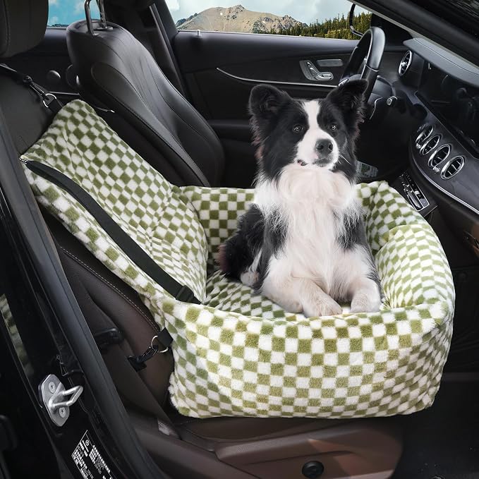 Dog Car Seat for Small Dogs,Medium Dog Car Bed with Detachable Washable Cover,Pet Puppy Booster Cars Seats with Safety Belt Up to 30 lbs(Grid Green) by RUONARIER