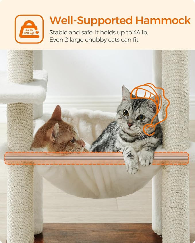 Feandrea Cat Tree, 56.3-Inch Modern Cat Tower, Multi-Level Plush Condo with Scratching Posts, Hammock, Washable Cushion, Rustic Brown UPCT164X01 - Image 4