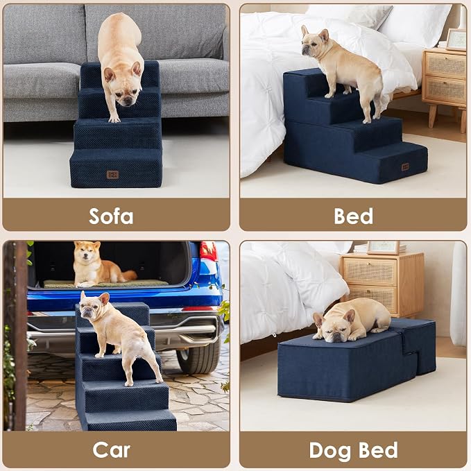EHEYCIGA Dog Stairs for Bed 20" H, 4-Step Extra Wide Dog Steps, Navy | Pet Steps for Small Dogs and Cats for High Bed, Non-Slip Balanced Pet Ramp Indoor - Image 8