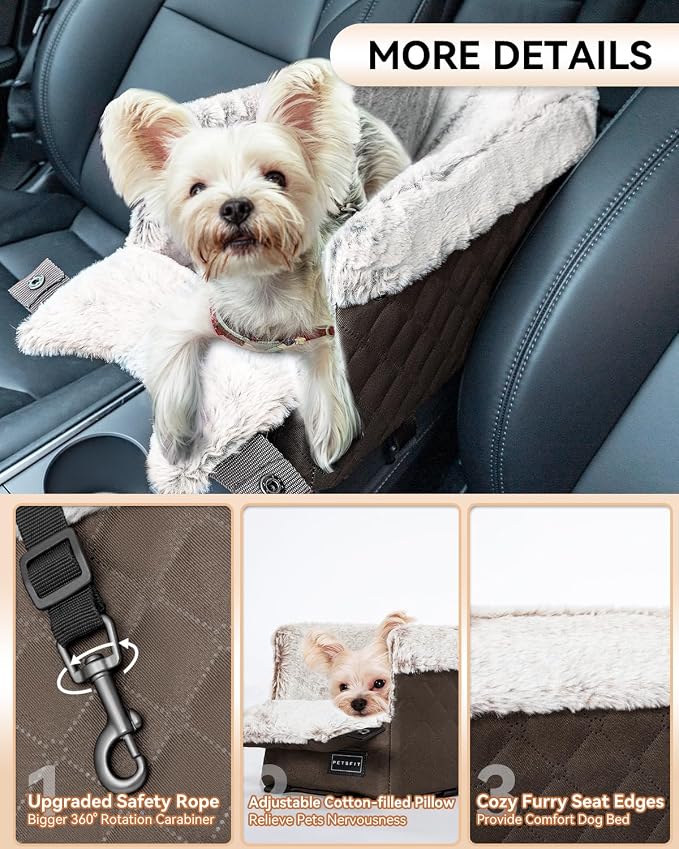 PETSFIT Dog Console Car Seat with Dual Adjustable Seat-Rail Anchor Hooks | Anti-Collapse Leather Armrest Booster Carseat with Safety Tether, Washable Cushion, Soft Pillow for Pets Under 8 lbs,Coffee - Image 8