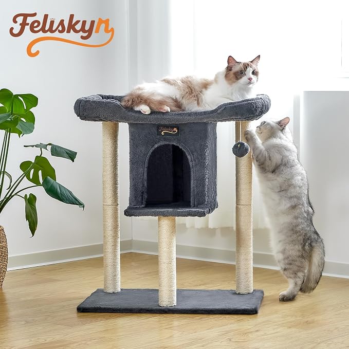 Cat Tree Tower Scratching Post for Indoor Large Adult Cats with Perch Bed | 28in Tall Small Cat Trees House with Big Perch, Condo, Toy Balls, Modern Kitten Climbing Furniture Platform, Dark Gray - Image 7