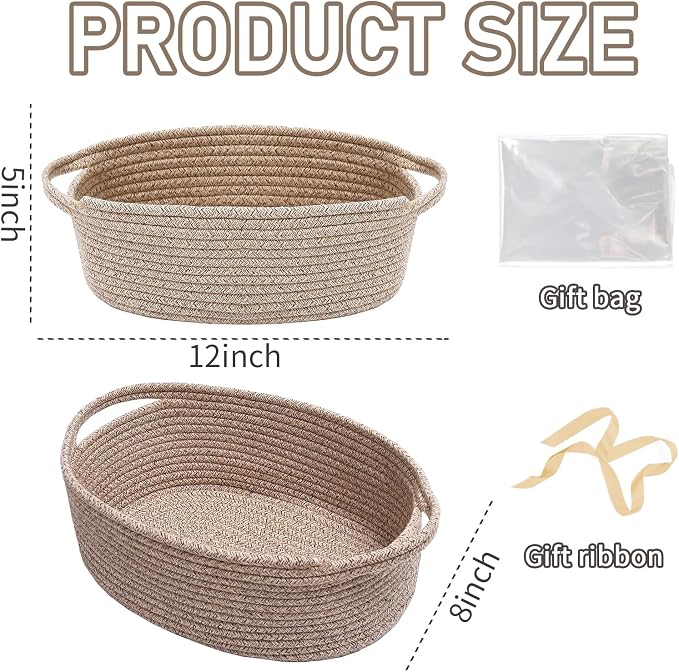 JMvicyroam Small Woven Basket, Empty Gift Basket, Oatmeal/1 Pack | Small Gift Basket, Cotton Rope, 12 x 8 x 12 in, Handles, Includes Ribbon and Bag, Birthday Gift Basket - Image 2