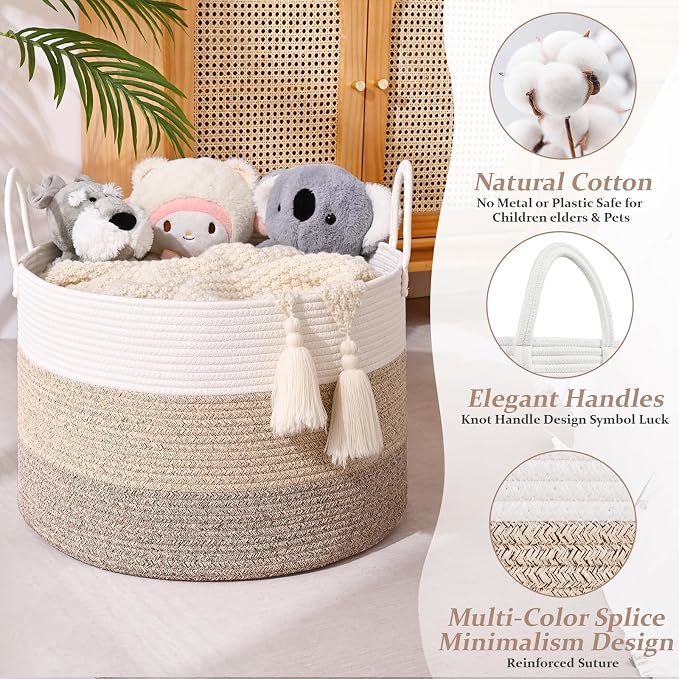 67L Large Woven Blanket Basket, Cotton Rope Baby Laundry Hamper with Handles, Kids Toy Basket for Classroom & Nursery, Soft Round Stuffed Animal Storage, Dog Toy Bin - 20"x13", Jute - Image 3