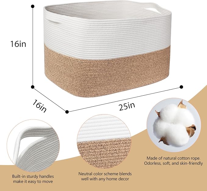 MEGASKET 108L Super Large Blanket Basket, 25" x 16" x 16" Woven Jumbo Basket for Blankets, Toys, Laundry, Extra Large Cotton Rope Pillow Holder Organizer, Entryway Shoes Bin, Living Room Storage - Image 2