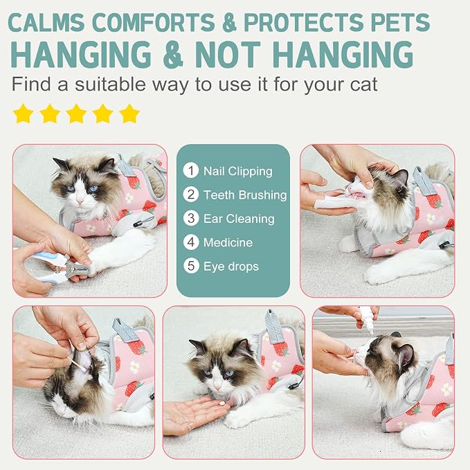 Supet Cat Grooming Hammock Harness for Nail Trimming, Kitten Care Sling | Small Dog Hanging Sling for Nail Clipping, Pet Restraint Holder for Medicine, Ear & Teeth Cleaning, Eye Care (Strawberry L) - Image 4