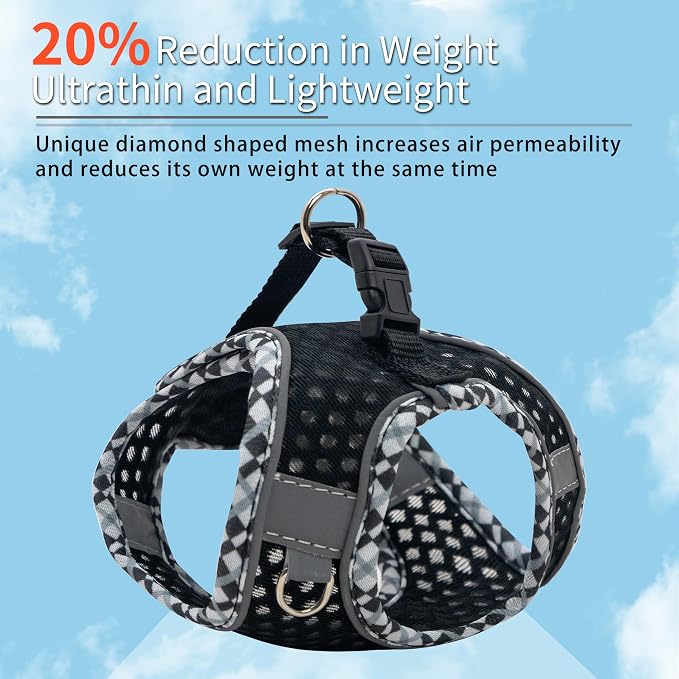 Summer Soft Dog Harness and Leash Set with Breathable Diamond Mesh | Reflective No-Pull Pet Harness for Outdoor Walking, Training for Small Dogs, Cats Black XXS - Image 5